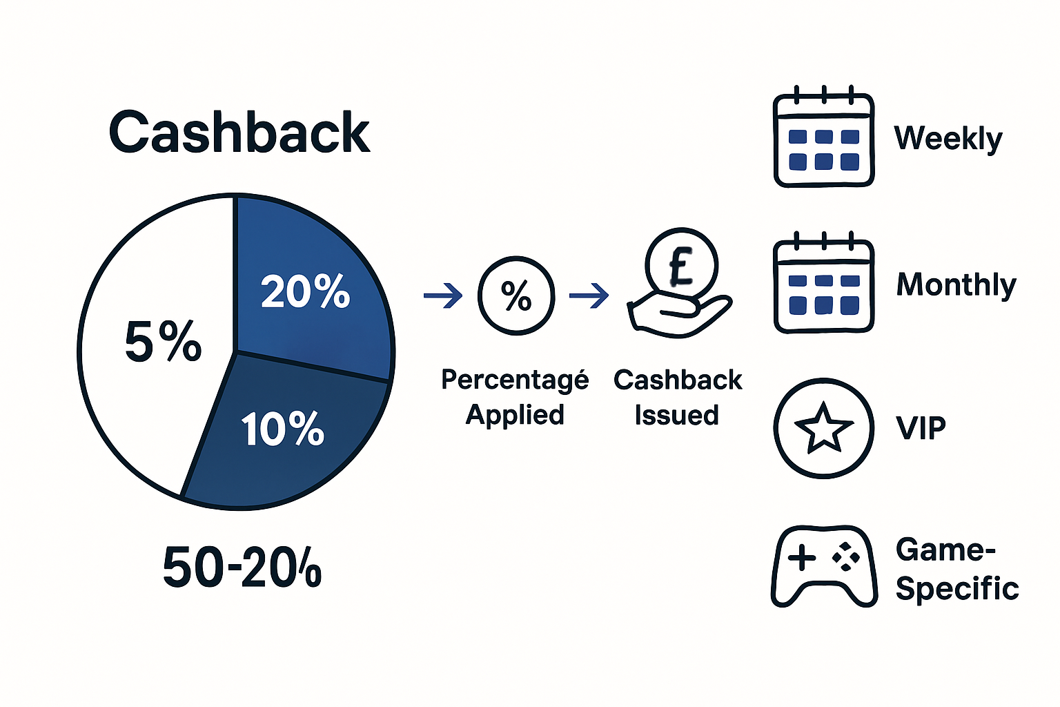 Infographic showing casino cashback types, process, and percentages.