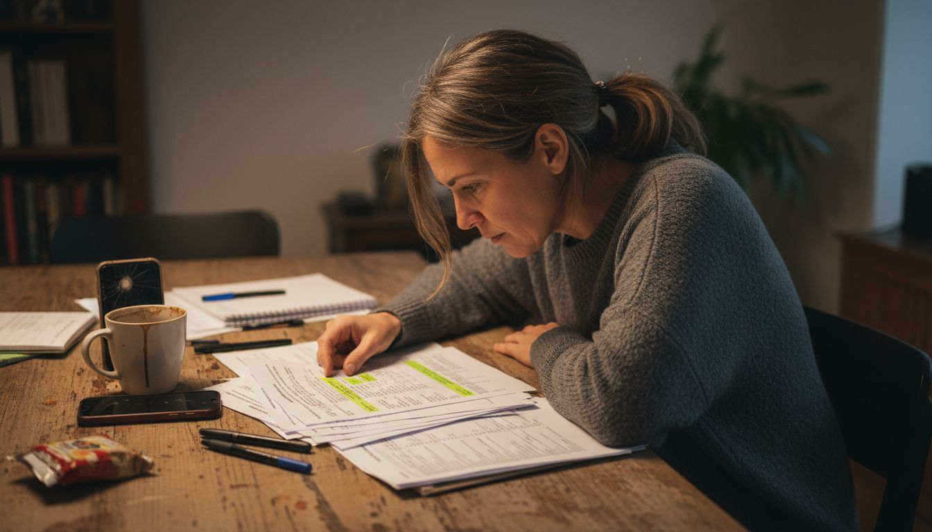 Woman reviewing casino bonus terms printout