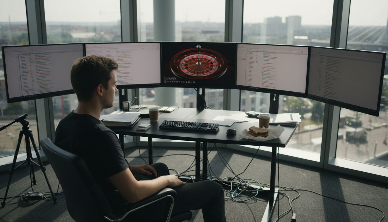 Technician monitoring live casino streaming equipment