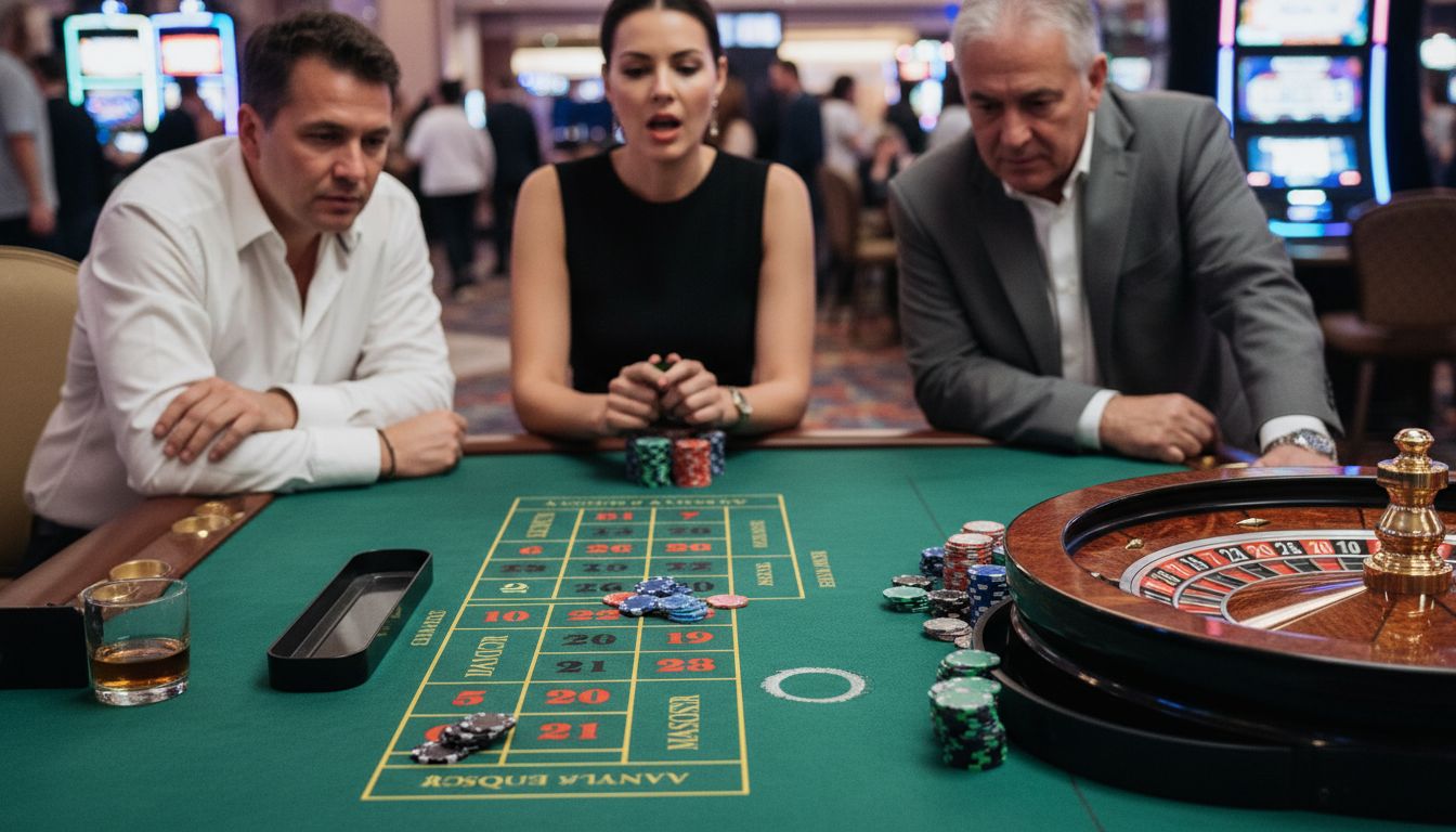 Ruleta europea auténtica con fichas reales en mesa de casino
