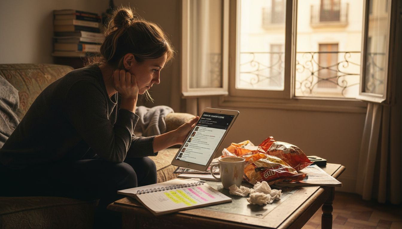 Mujer buscando opiniones y valoraciones sobre casinos online antes de decidir dónde jugar.