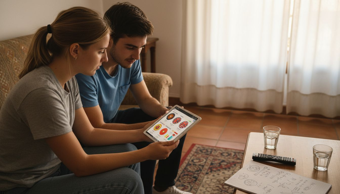 Un grupo de jóvenes analiza distintas opciones de ruleta online desde una tablet.