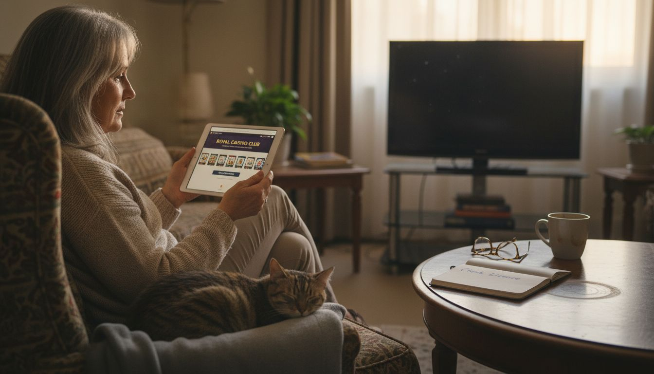 Player checks casino licence on tablet at home