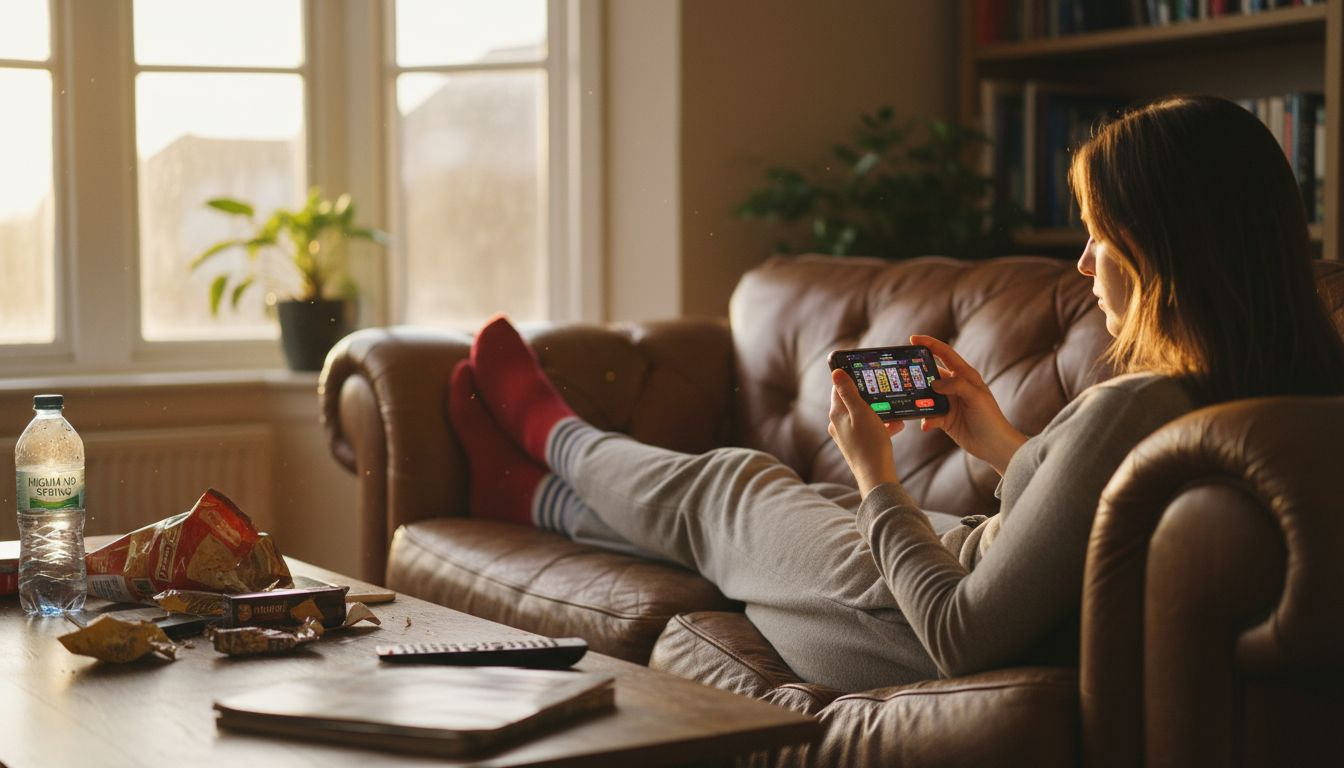 Woman browsing mobile casino games at home