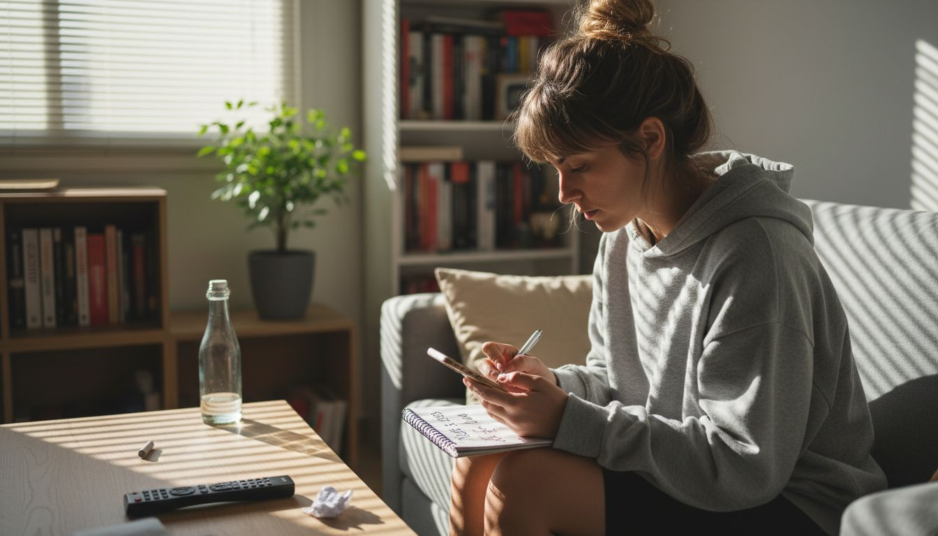 Mujer revisando el móvil y apuntando los beneficios que encuentra