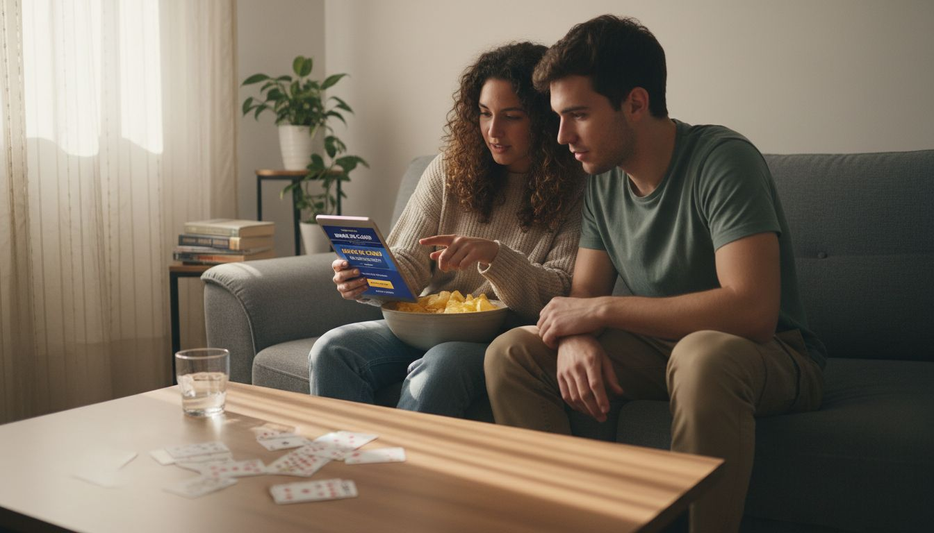 Un grupo de amigos sentados en el sofá, comentando y comparando las mejores promociones de casinos online.
