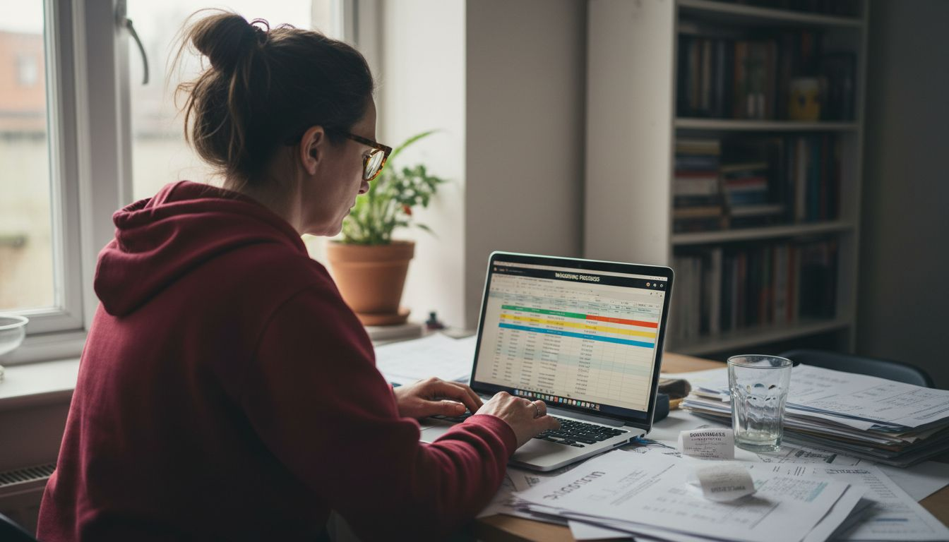 Woman updating bonus wagering progress spreadsheet