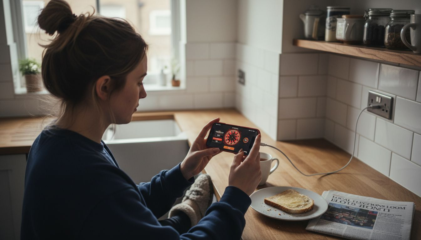 Woman using mobile casino app kitchen scene