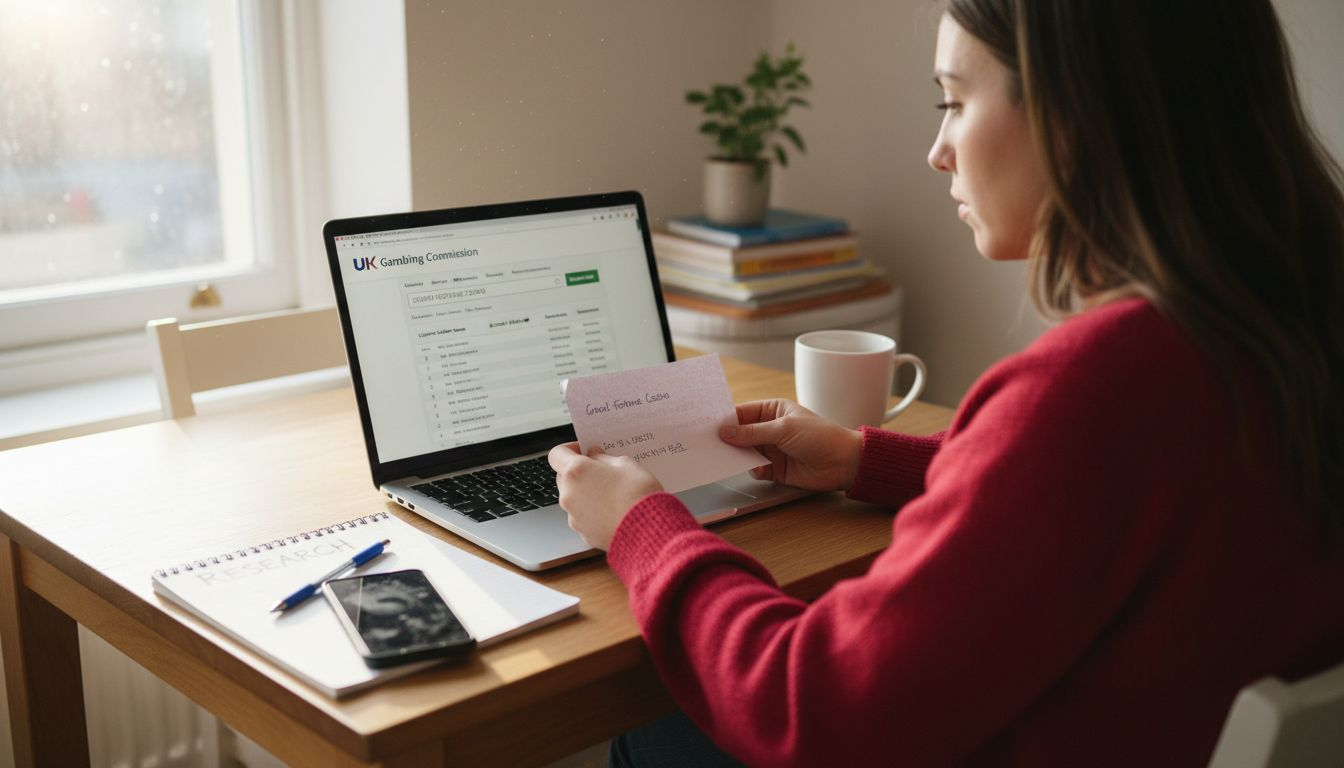 Woman searching casino register at home