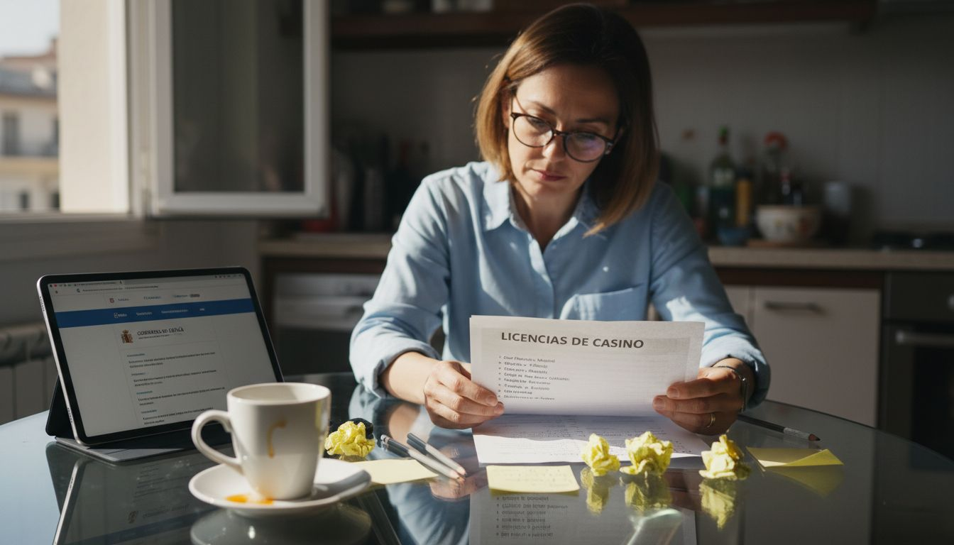 Mujer revisando la documentación de licencias de un casino