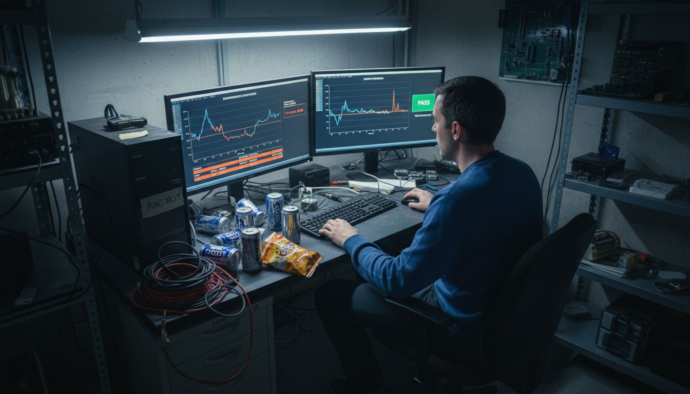 Engineer tests casino RNG software at desk