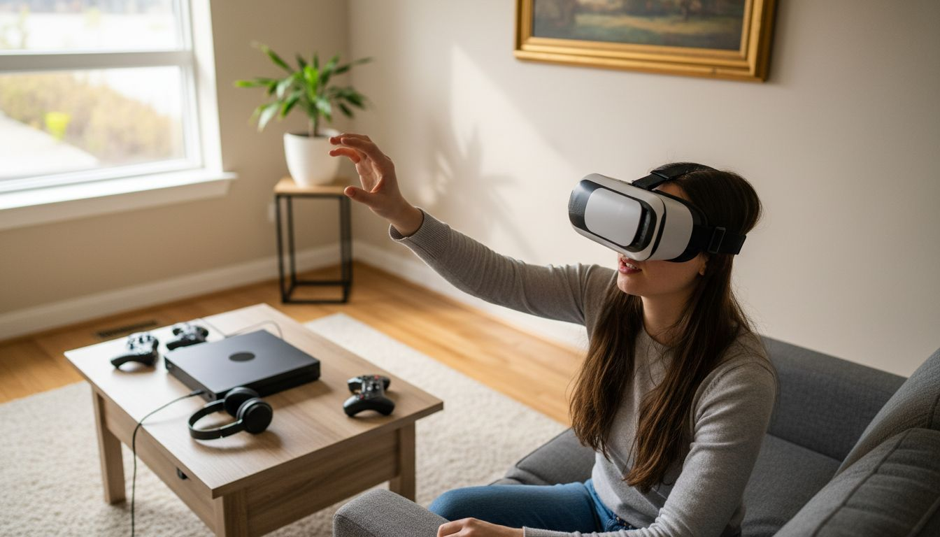 Una mujer disfruta de una experiencia de realidad virtual desde la comodidad de su hogar.