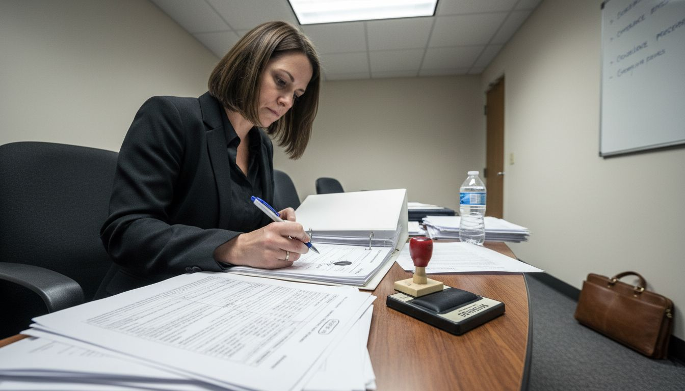 Compliance manager reviewing licensing documents
