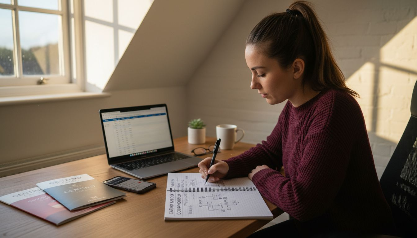 Woman checks casino review details at desk