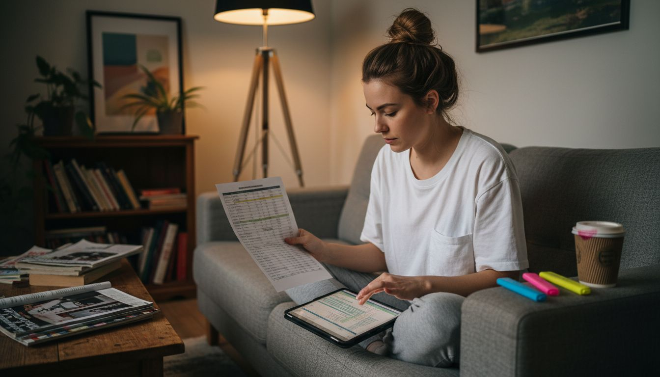 Woman comparing casino bonus offers on sofa