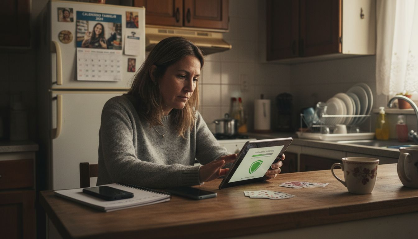 Una mujer revisa y controla la seguridad de sus apuestas online desde la comodidad de su hogar.