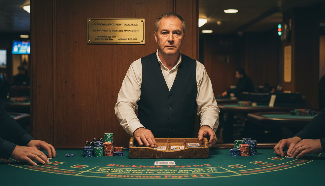 Dealer managing blackjack table in UK casino