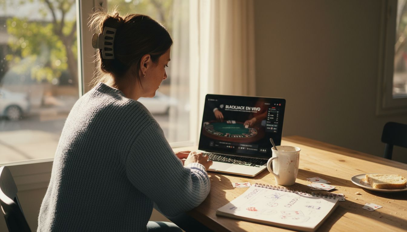 Una mujer disfruta de juegos de casino en vivo desde la comodidad de su casa, utilizando su portátil.