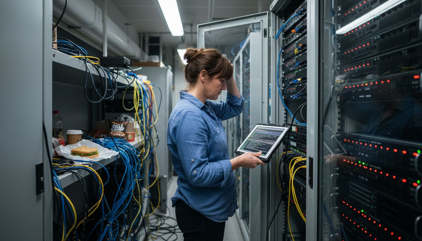 Technician monitoring casino server security systems