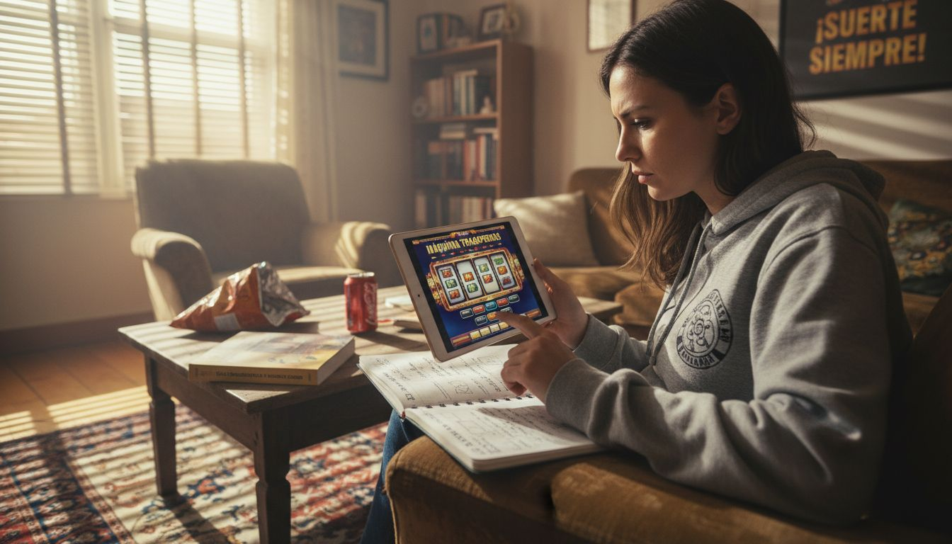 Jugador revisando y evaluando las características de un juego de tragaperras