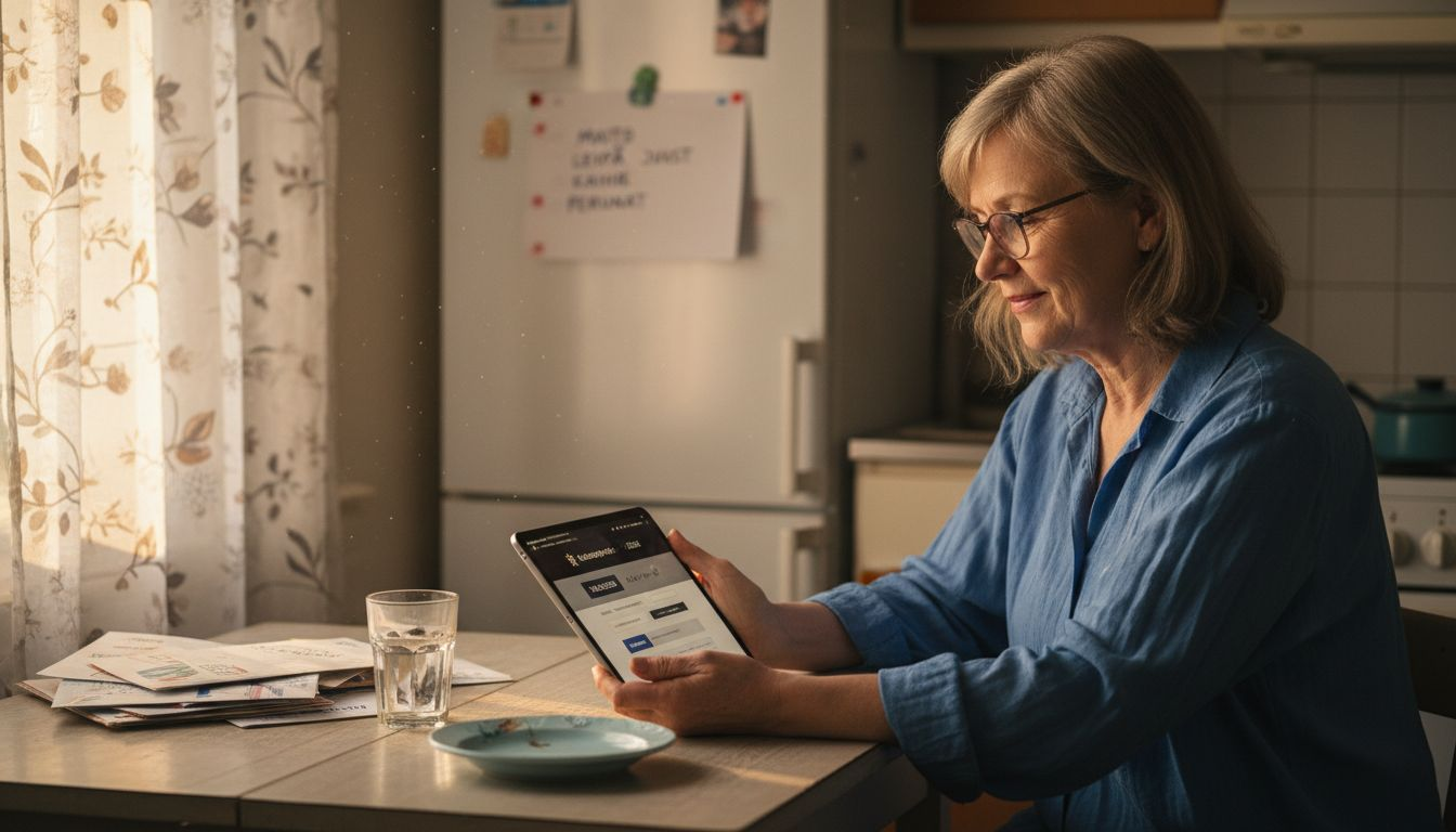 Nainen tallettaa nettikasinolle istuessaan keittiön pöydän ääressä.