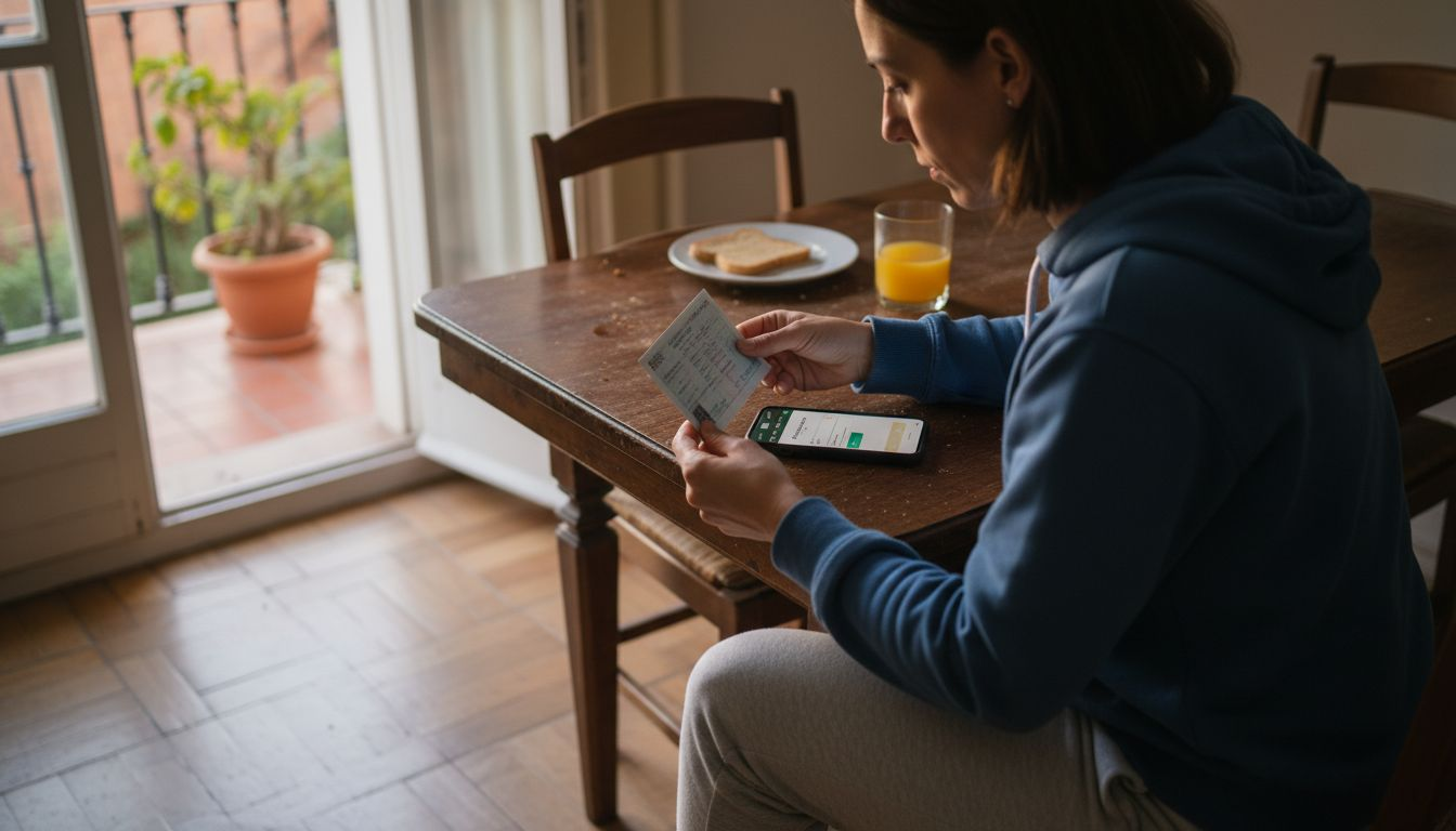 Mujer realizando la verificación de su cuenta online mostrando su documento de identidad y usando el móvil