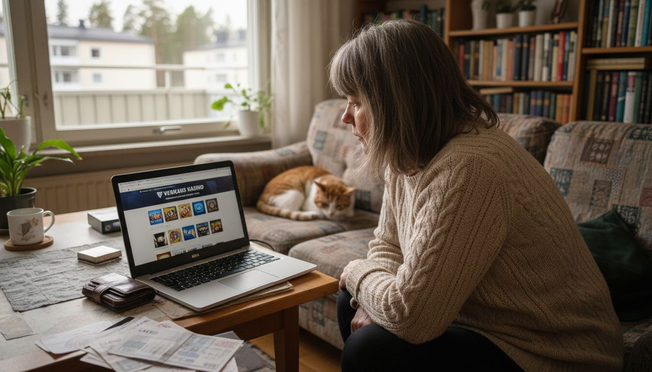 Nainen pelaa kotonaan suomalaisella nettikasinolla.