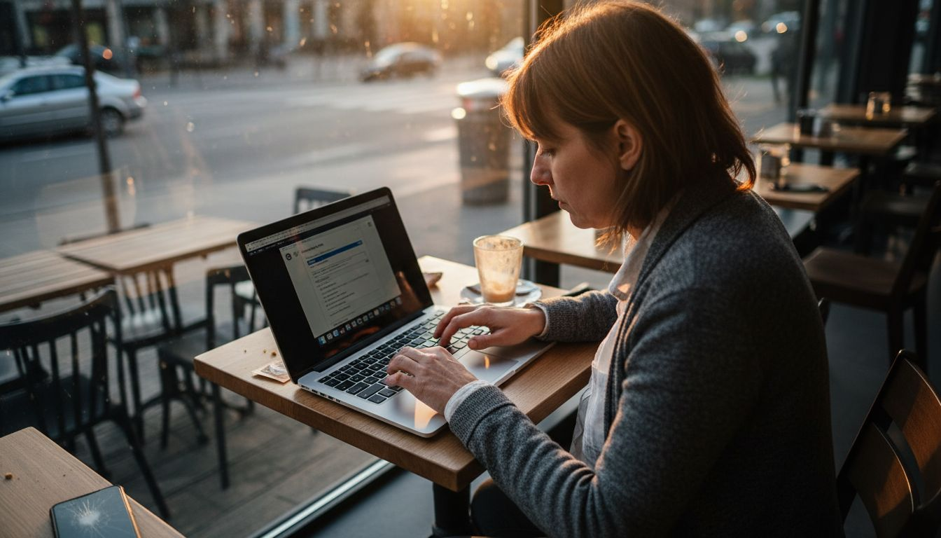 Persona cuidando la seguridad de sus datos mientras navega en una red WiFi pública de una cafetería