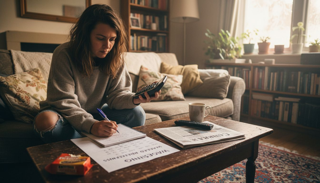 Woman calculating casino wagering requirements on sofa