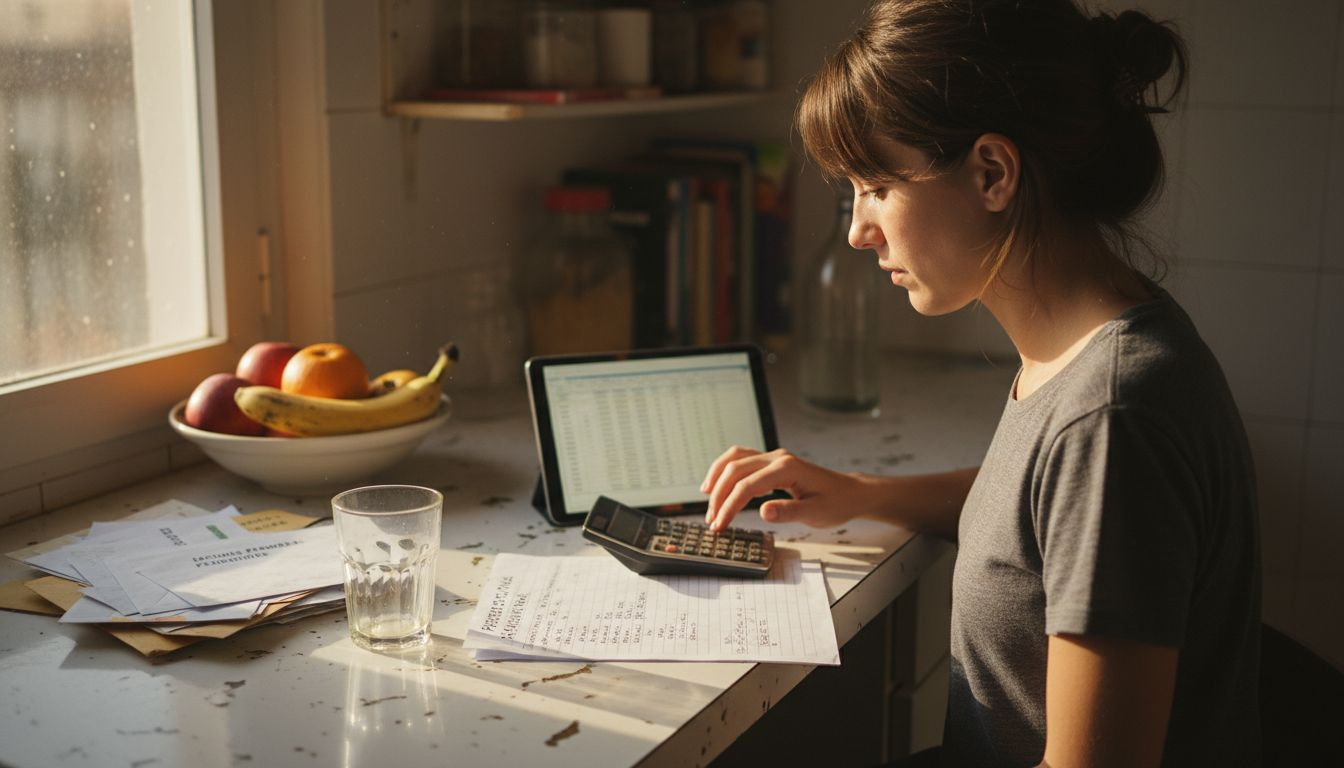Una mujer calcula cuánto dinero puede destinar a apuestas, asegurándose de no exceder su presupuesto.