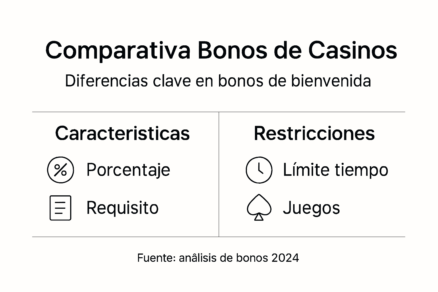 Infografía comparativa de las características de los bonos de bienvenida en casinos