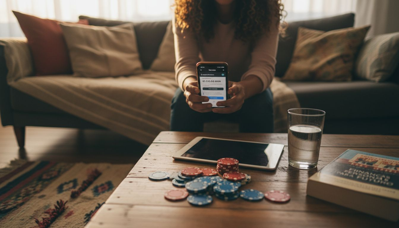 Mujer organiza sus cuentas utilizando una tablet y varias fichas sobre la mesa