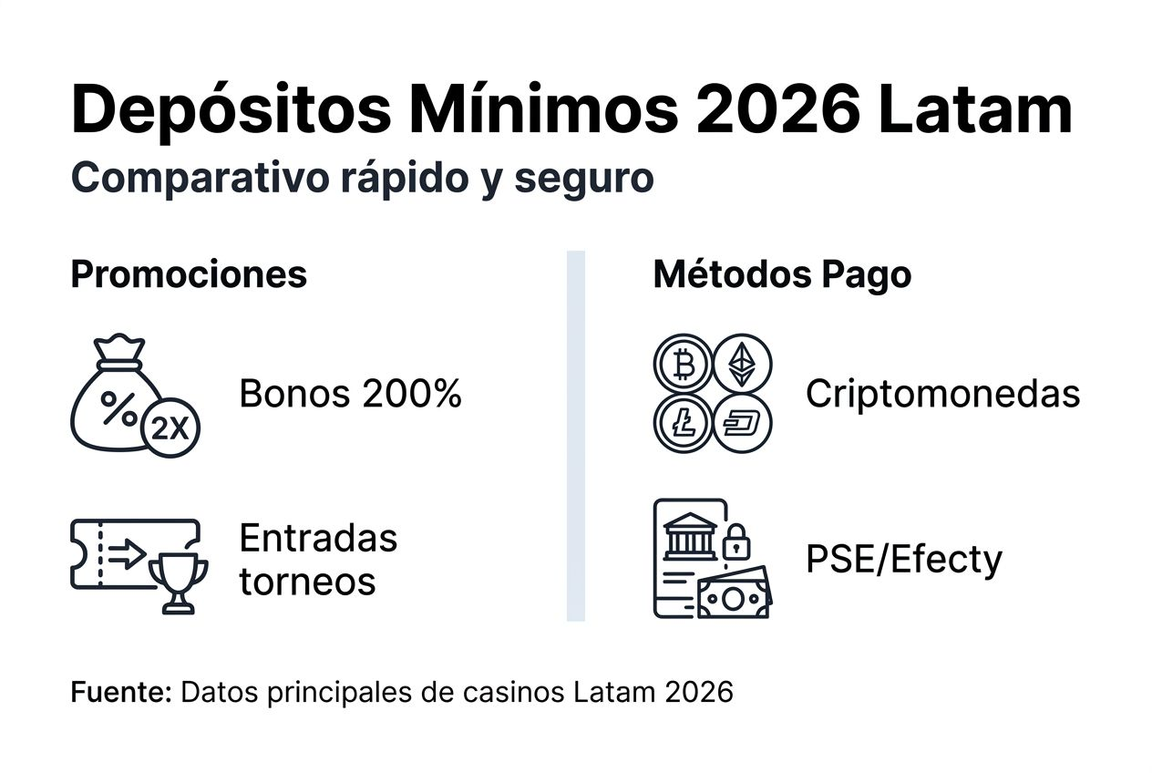 Infografía sobre los depósitos mínimos en casinos online de Latinoamérica para 2026