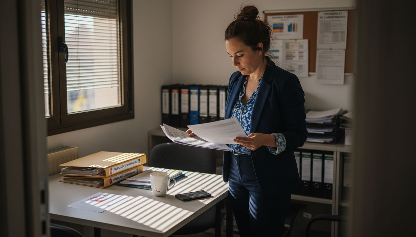 Empleado revisando y cotejando documentos en una oficina europea