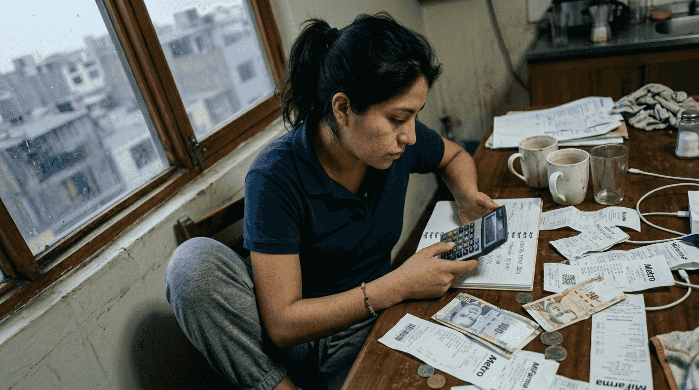 Una mujer revisa sus gastos, contando billetes y comprobando los recibos para organizar su presupuesto.