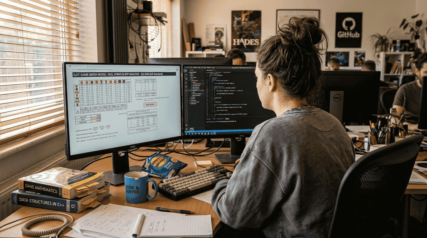 Developer reviews slot game maths at desk