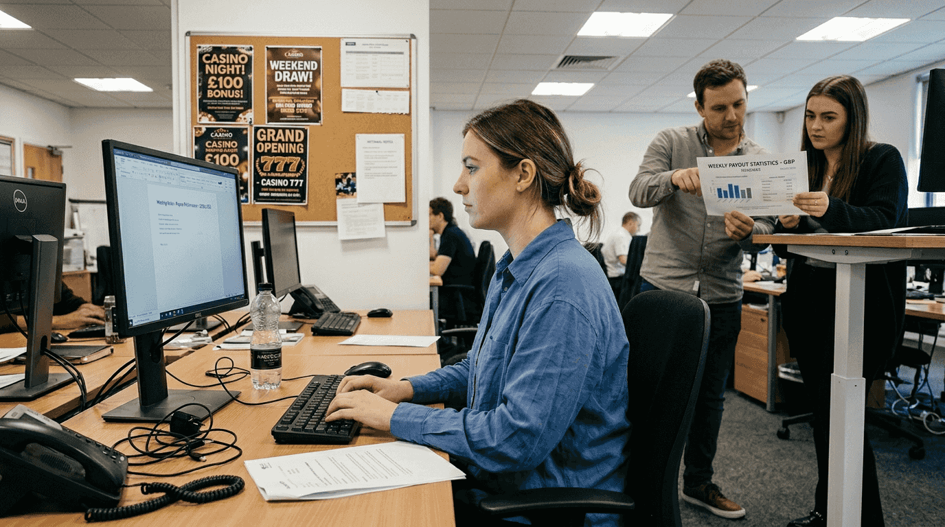 Casino operator updating service at office desk