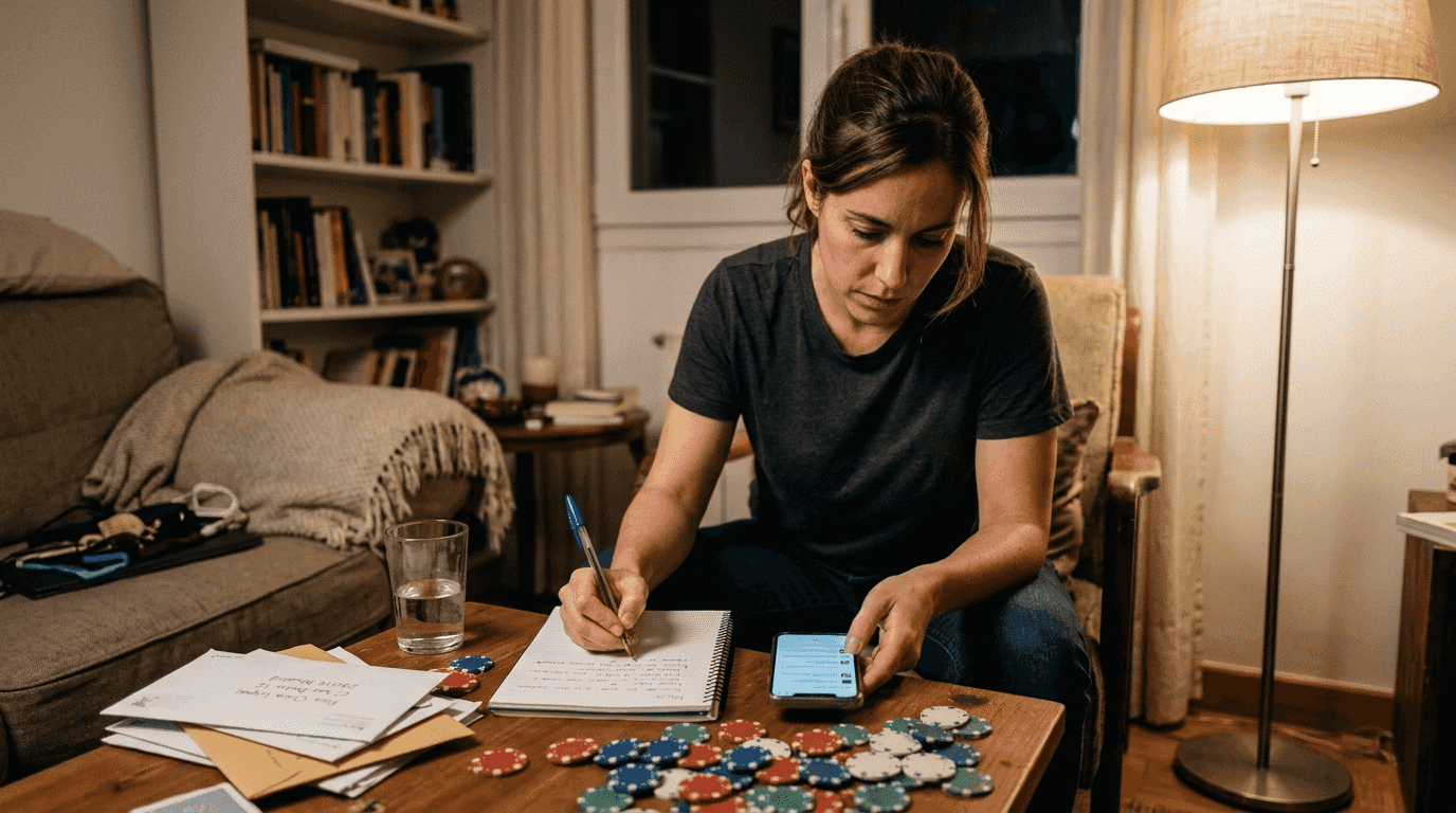 Mujer revisando las condiciones para obtener un bono de póker