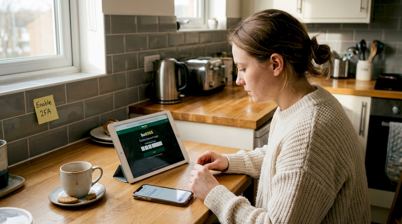 Woman using authenticator app with casino tablet