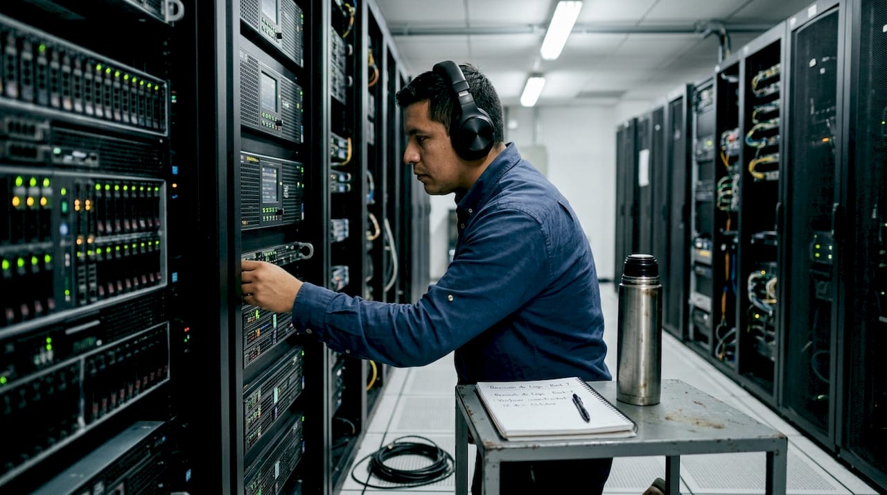 Especialista comprobando las medidas de seguridad en el centro de datos