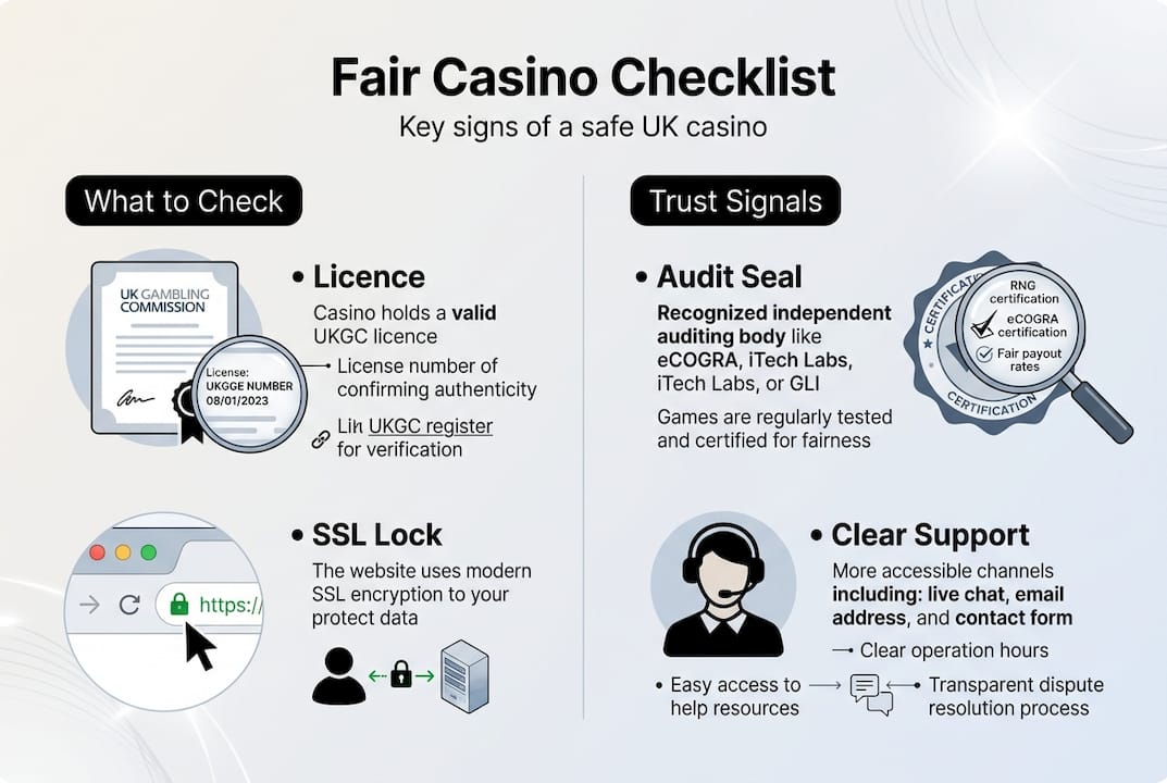 Infographic with fair casino checklist signs