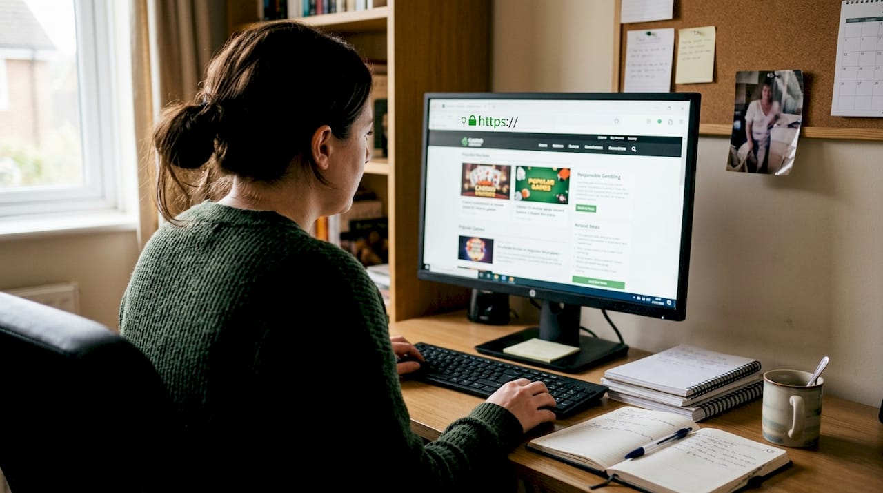 Woman inspecting casino site security in browser