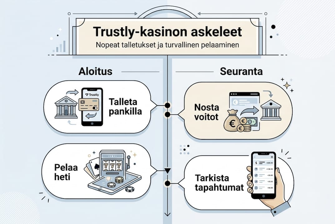 Havainnollistava kuva Trustly-kasinon käytön eri vaiheista ja niiden etenemisestä