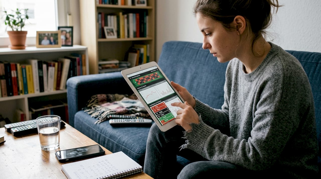 Mujer revisando las estadísticas de la ruleta en su tablet