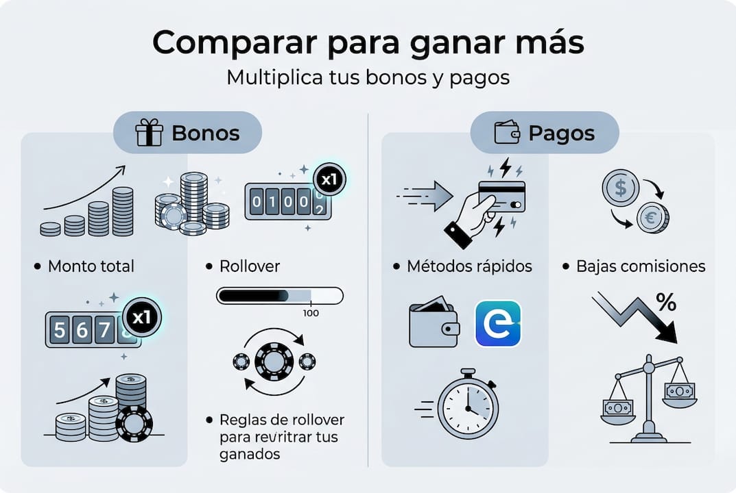 Infografía: comparativa de bonos y métodos de pago en casinos online