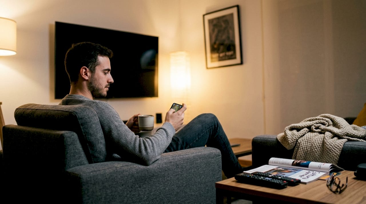 Un joven disfruta de los juegos de casino online mientras está solo en una sala.