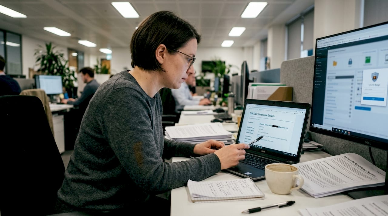 IT auditor reviewing casino security certificate