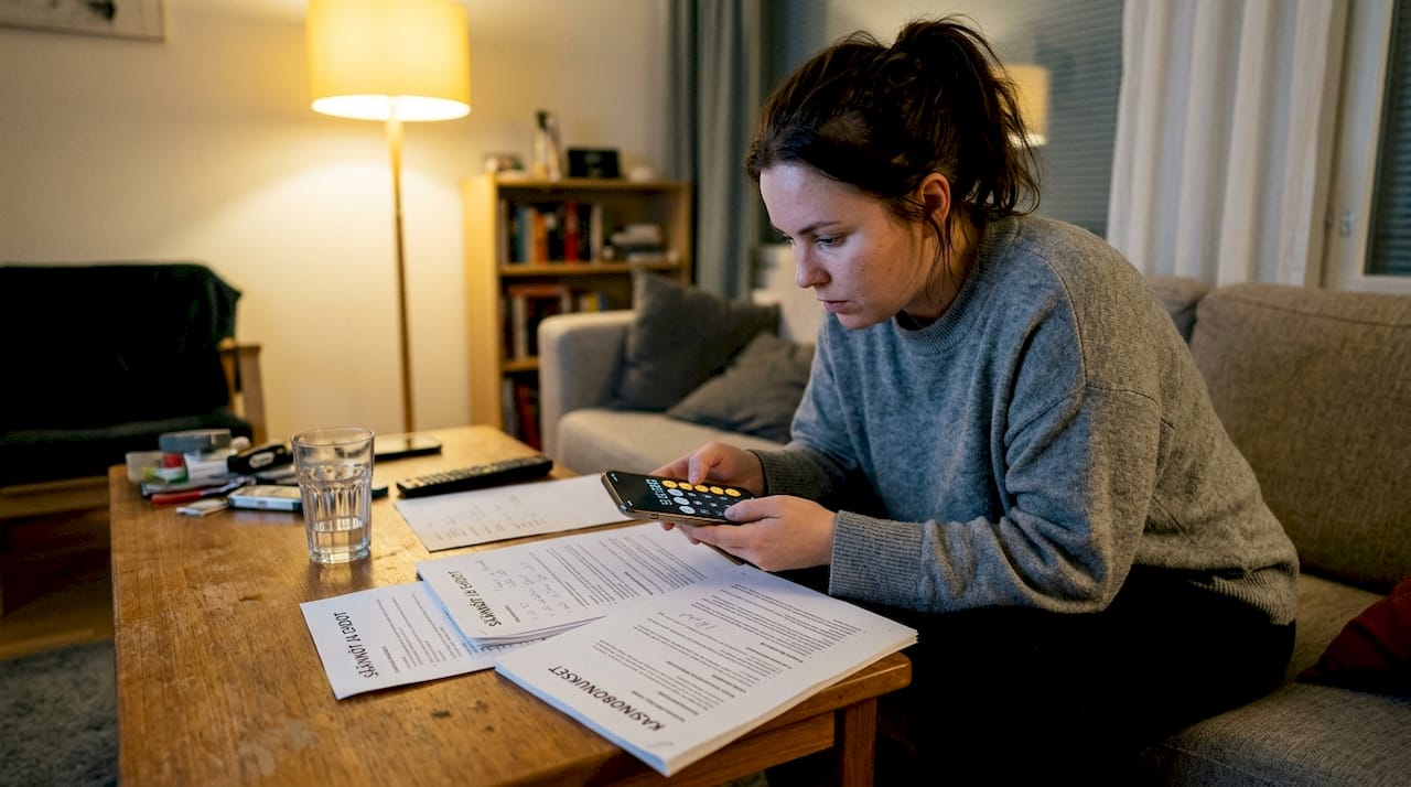 Nainen selvittää kasinobonuksen kierrätysvaatimuksia kotonaan