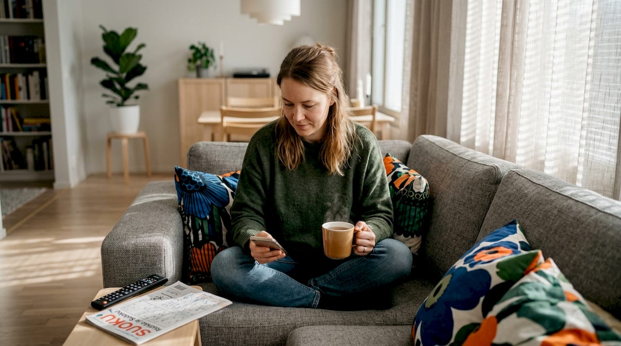 Nainen rentoutuu sohvalla ja pelaa mobiilikasinoa kännykällään.