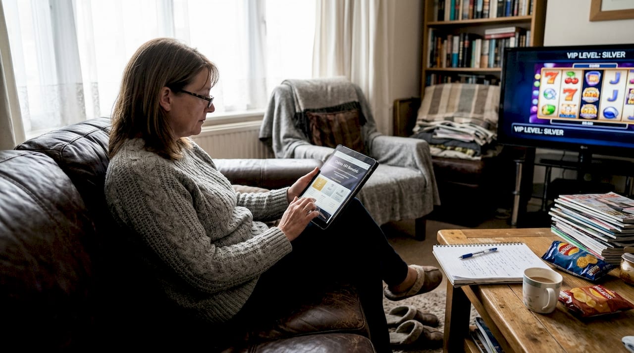 Woman reading casino VIP perks on tablet sofa